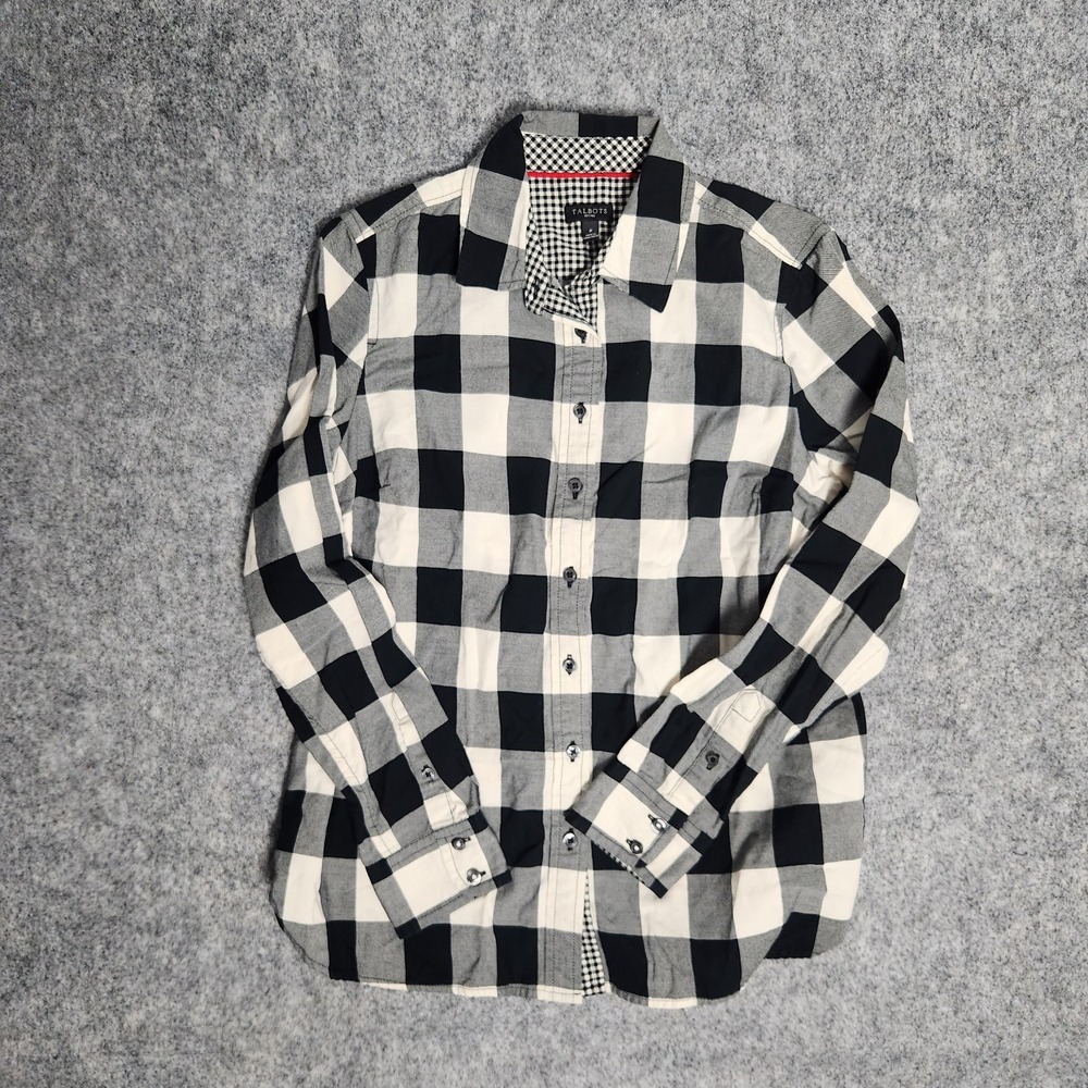 Talbots Petites Button Down Shirt Women P Black White Plaid‎ Long Sleeve Flannel